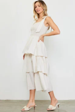 Smocked Bodice Ribbon Detail Tiered Midi Dress