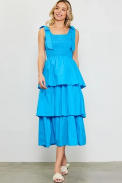 Smocked Bodice Ribbon Detail Tiered Midi Dress