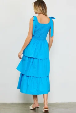 Smocked Bodice Ribbon Detail Tiered Midi Dress