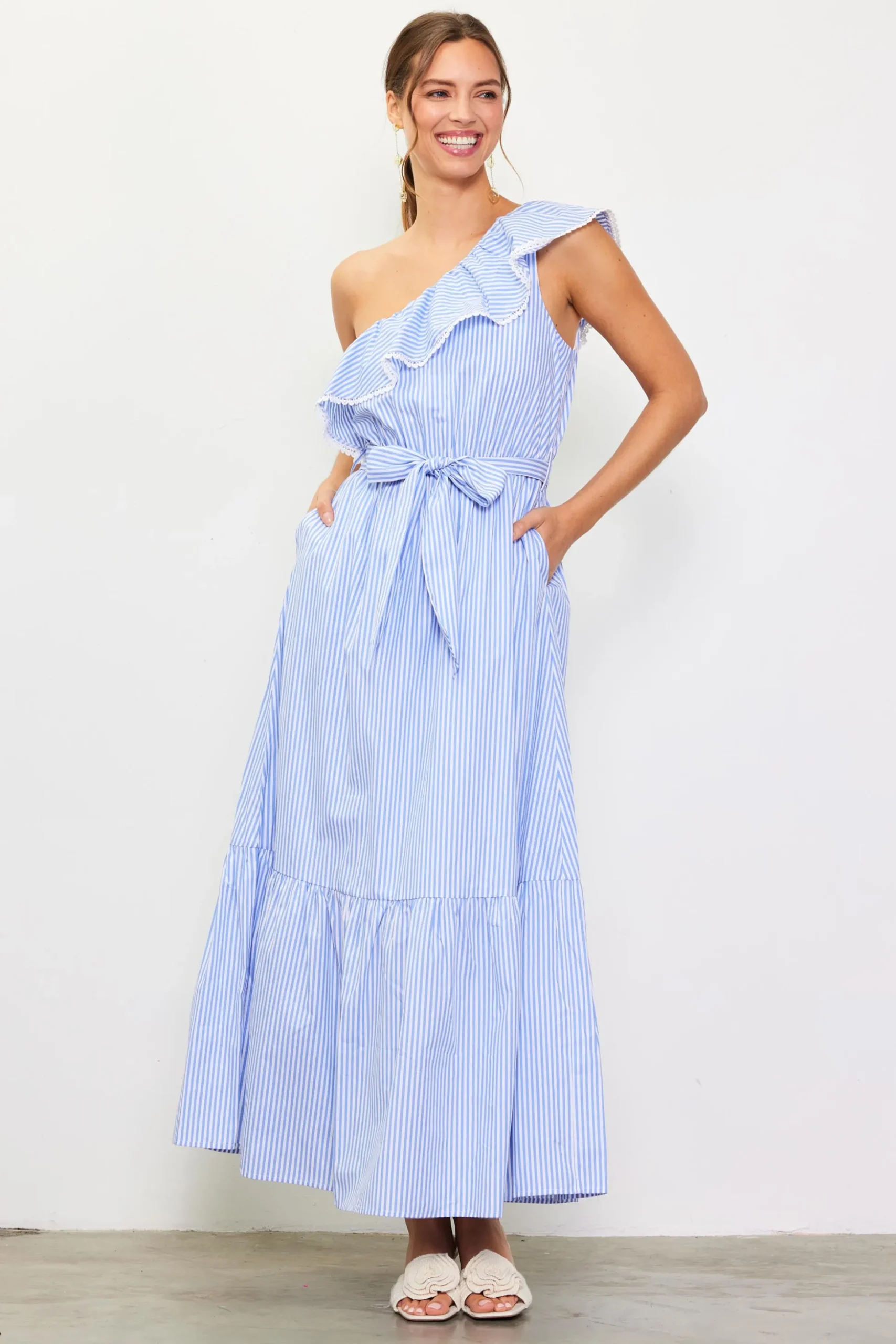 Striped One Shoulder Ruffle Dress