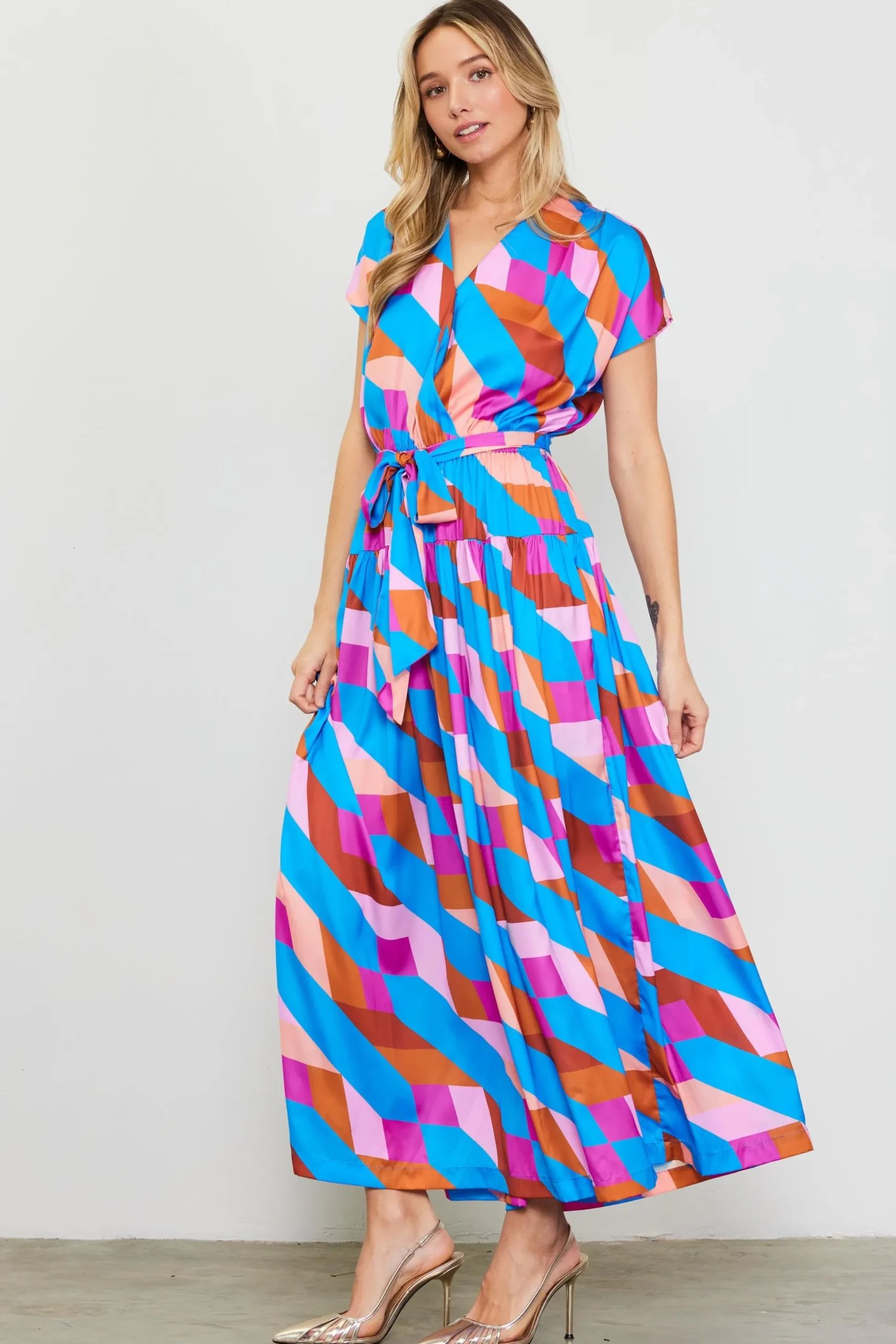 Surplice Bodice Geometric Print Maxi Dress