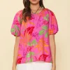 Tropical Print Bubble Sleeve Top