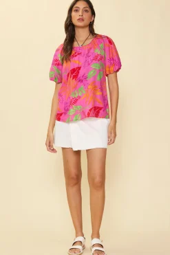 Tropical Print Bubble Sleeve Top