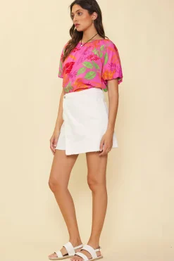 Tropical Print Bubble Sleeve Top