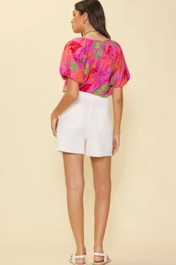 Tropical Print Bubble Sleeve Top