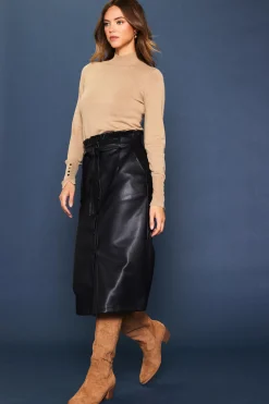 Vegan Leather Front Tie Midi Skirt